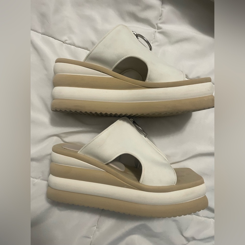 Stella McCartney White and Tan Mules with Zipper Detail